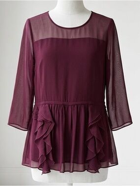 Theory|Wine Lightweight 100% Silk Sheer Ruffle Peplum 3/4 Sleeve Top Blouse Sz S